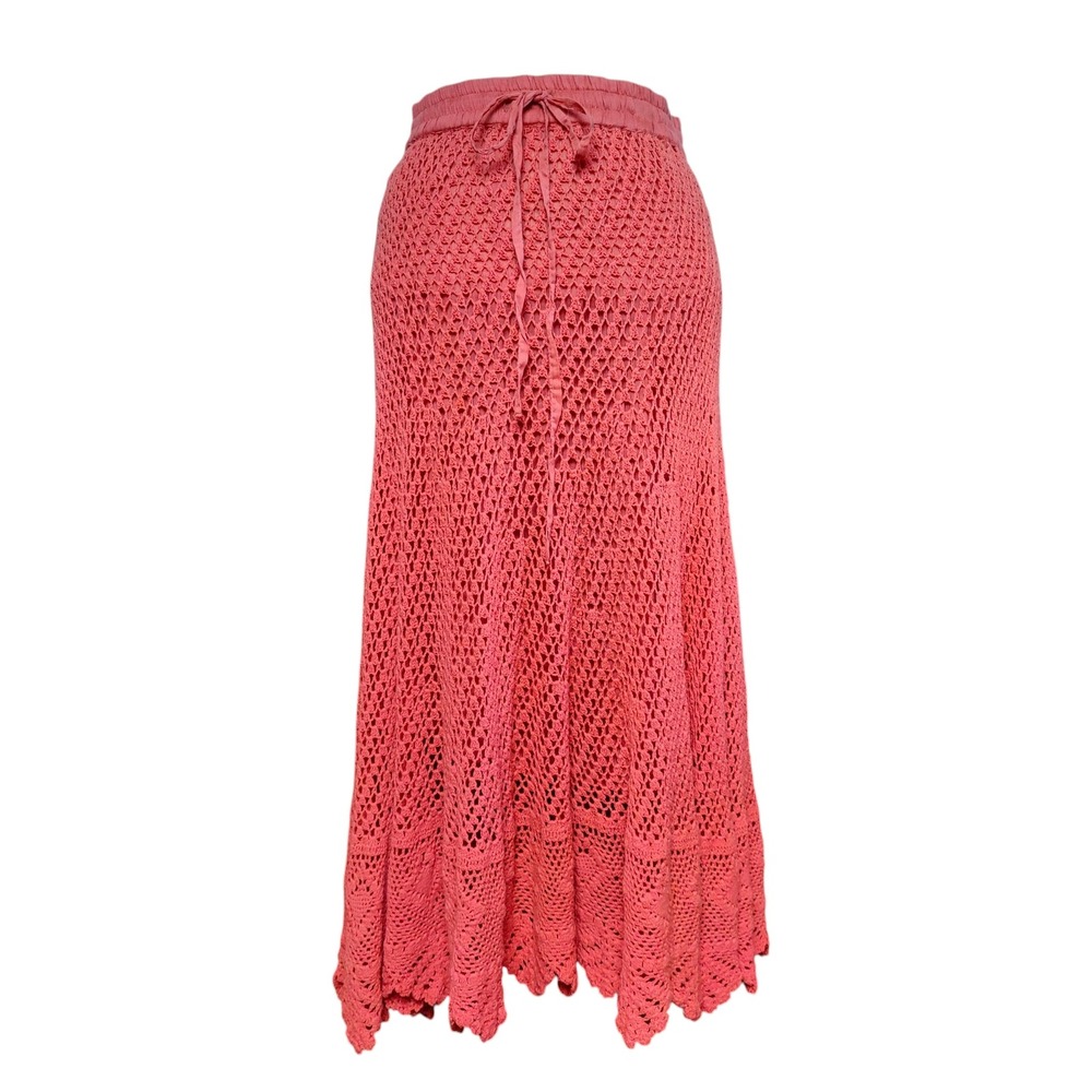 Mix Nouveau Crochet Boho Midi Skirt Coral Pink Cotton Flowy Scalloped Hem Medium